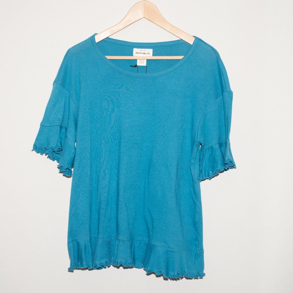 For The Republic Tide Blue Lettuce Trim Shirt